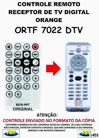 Controle Remoto Compatível RECEPTOR DE TV Digital ORANGE ORTF 7022 DTV