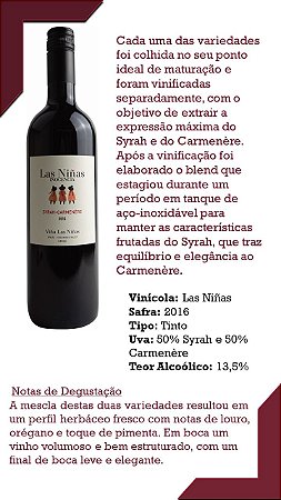 Vinho Tinto Orgânico Las Niñas 50% Carmenére - 50% Syrah - Safra 2016