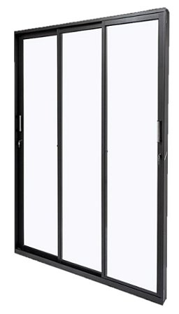 Porta de Correr 3 Folhas em Alumínio Preto Vidros Temperado - 210x200