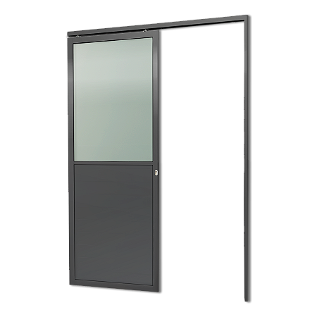 Porta De Correr Suspensa Cinza com Vidro Direita - 210x90