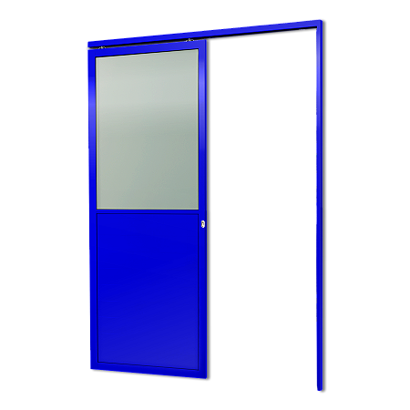 Porta De Correr Suspensa Azul com Vidro Direita - 210x90