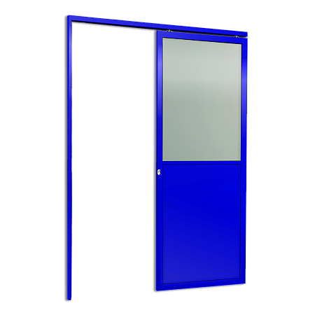 Porta De Correr Suspensa Azul com Vidro Esquerda - 210x90