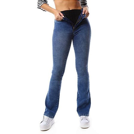 Calça Flare Jeans Feminina Super Lipo Sawary Cintura Alta Com Cinta