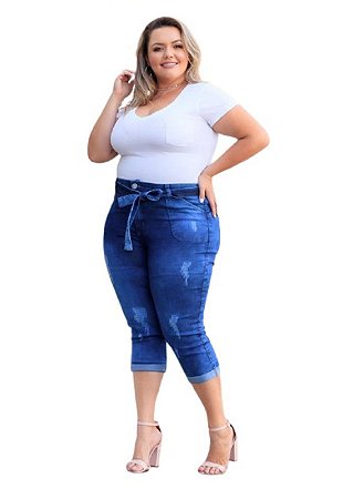 Calça Jeans Feminina Plus Size Capri Puída Elastano Azul
