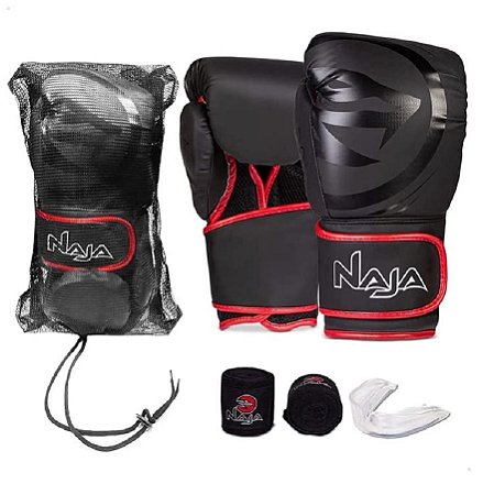 Kit Luva de Boxe Muay Thai - Naja Black Preto/Vermelho + Bandagem + Bucal