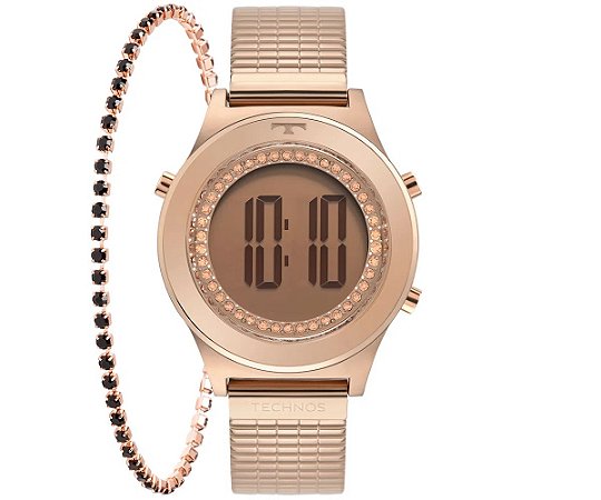 Kit Relógio Technos Feminino Digital Rosé+Pulseira -BJ3927AB
