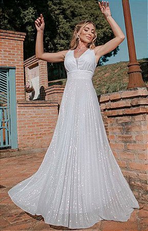 Vestido de noiva longo saia plissada