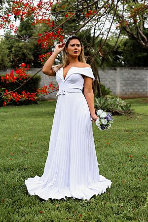 Vestido de casamento simples com decote V saia plissada, Tainara - Ana  Violeta Vestidos de festa