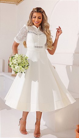 Vestido Midi Branco de Noiva em Crepe com Botões e Manga 3/4 - Ana Violeta  Vestidos de festa