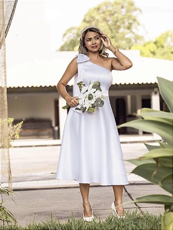 Vestido para Casamento Civil Manga Nula com Laço no Ombro