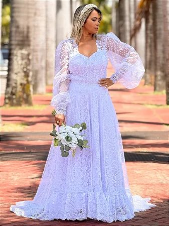 Vestido de Noiva Chique em Renda e Tule Poá – Manga Longa e Cauda Imponente