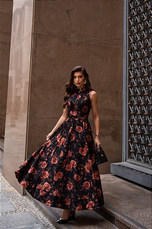 Vestido Midi Floral Preto Rosé Belle Nuit | Elegante para Convidadas, Eventos e Jantares