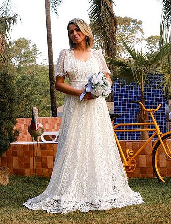 Vestido de noiva longo off white com tule poá, festa de casamento, casamento civil, batizado