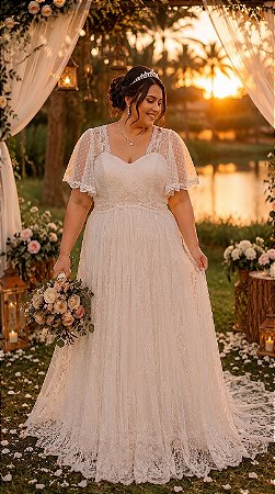 Vestido de Noiva Boho com Manga Curta em Tule Poá e Renda