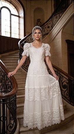 Vestido de Noiva Boho Chic em Renda e Tule Poá – Modelo Cecília
