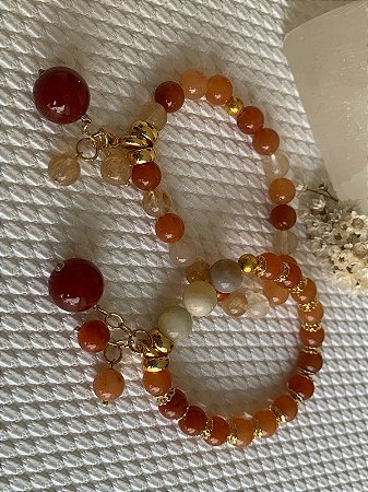 Conjunto Pulseiras Calcita Laranja, Amazonita e Rutilo