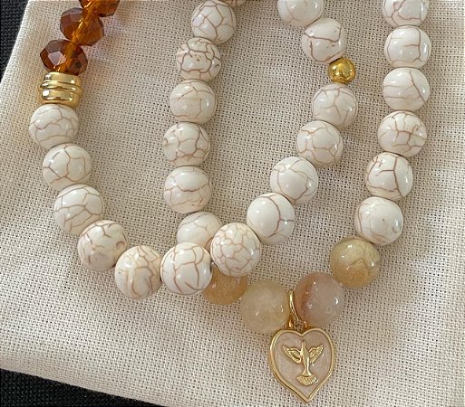 Pulseiras Awolita Bege, Amazonita e Cristal (Par)
