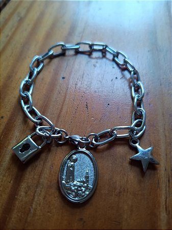 Pulseira cadeia de consagração Ave Maria Stela Virgem de Fátima em aço Luxo com medalha e pingentes
