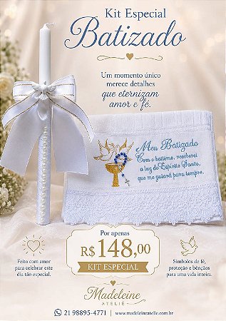 Kit Especial para Batizado com Toalha Bordada luxo + Vela decorada