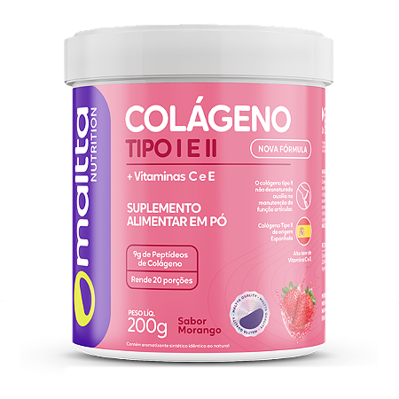Colágeno Tipo 1 e 2 com Vitaminas 200g Sabor Morango Maltta