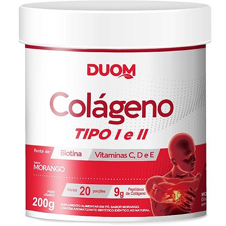 Colágeno Tipo 1 e 2 com Vitaminas 200g Sabor Morango Duom