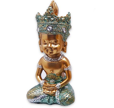 Buda Tailandês da Prosperidade Meditando Azul Gold 12cm