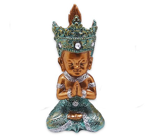 Buda Tailandês da Prosperidade Orando Azul Gold 12cm