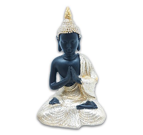 Buda Tailandês Rezando Sentado Preto Dourado 12 cm
