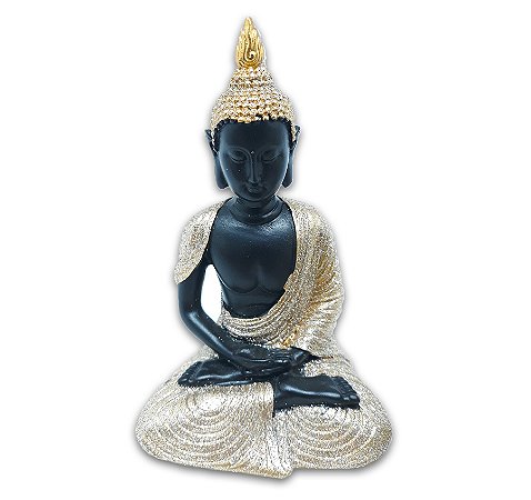Buda Tailandês Meditando Sentado Preto Dourado 12 cm