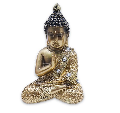 Buda Tibetano da Sabedoria Meditação Gold Com Strass 15cm