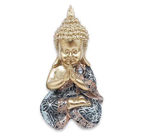 Estátua Buda Tibetano Orando Estatueta 10 cm Dourado e Azul