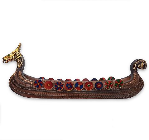 Incensário Vareta Barco Viking Cor Gold em Resina 33 cm