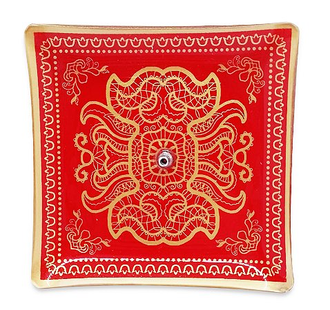 Incensário Indiano de Vidro em Verniz Vermelho Dourado 11cm