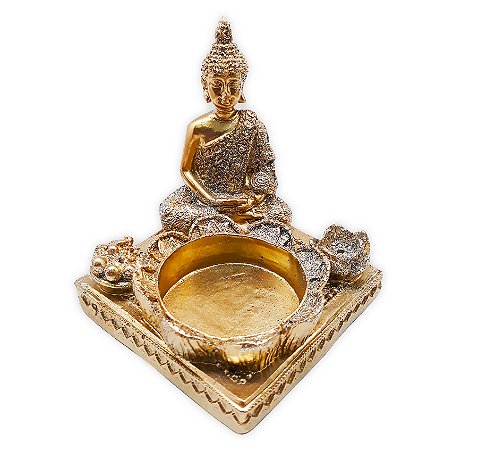 Incensário Vareta Buda Dourado Brilhante Com Porta Velas 7cm