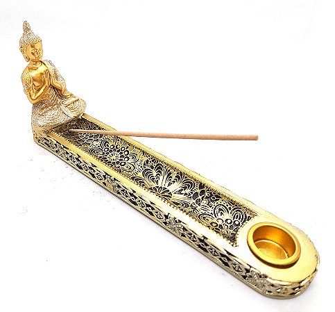 Incensário Vareta Buda Gold com Porta Velas Dourado Ouro