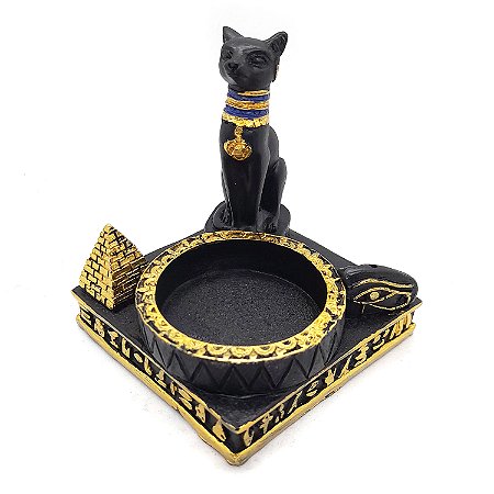 Incensário Vareta Egípcio Gato Bastet com Porta Velas Preto