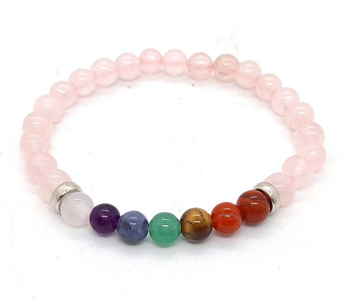 Pulseira Feminina 7 Pedras Naturais Quartzo Rosa Ajustável