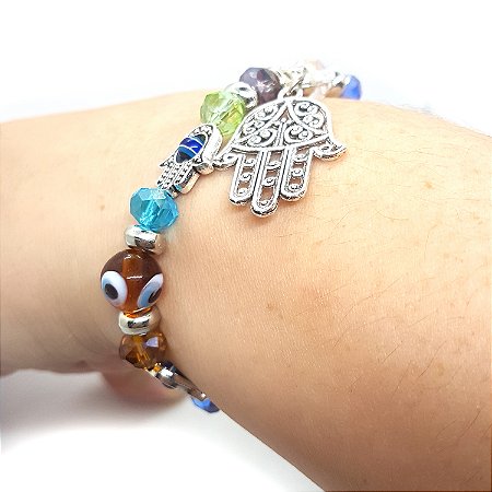 Pulseira Feminina Olho Grego e Mão de Fátima Mão Hamsá Color