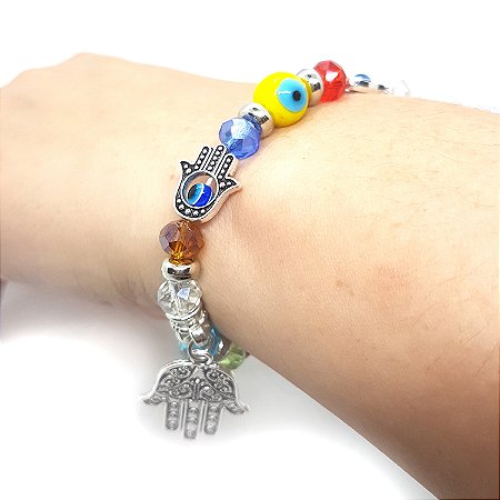 Pulseira Feminina Olho Grego e Mão de Fátima Mão Hamsá Color