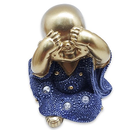 Estátua Buda Ceguinho Estatueta Monge 9 cm Dourado e Azul