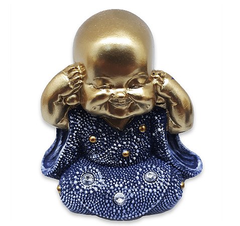 Estátua Buda Surdinho Estatueta Monge 9 cm Dourado e Azul