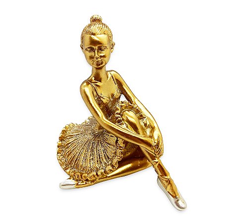 Bailarina Sentada Estatueta Enfeite Dourado Resina 9 cm