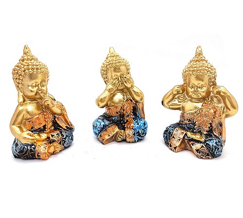 Trio De Buda Tailandês Cego Surdo Mudo Buda Azul 4 cm