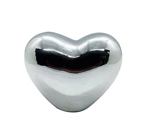 Enfeite de Porcelana Coração Metalico Prata Brilhante 8cm