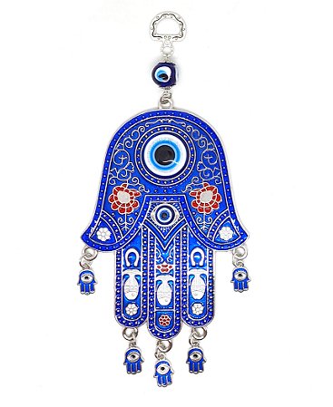 Móbile Mão Hamsá Mão de Fátima Azul Proteção da Família 20cm