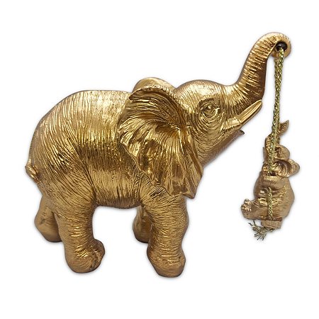 Elefante da Sabedoria Brincando com seu Filhote Dourado 13cm