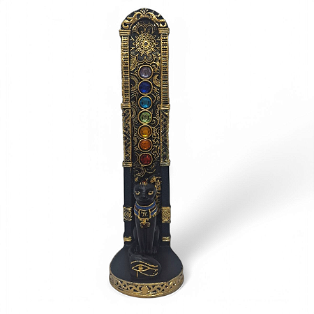 Incensário Egípcio Dourado Gato Vareta 7 Chakras 16 cm