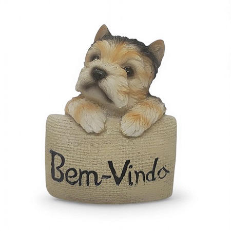 Estatueta Cachorrinho Yorkshire Plaquinha Bem-Vindo 7 cm
