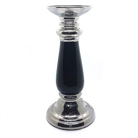 Castiçal de Cerâmica Porta Velas Prata c/ Preto 26 cm