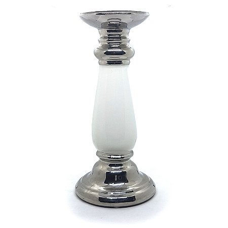 Castiçal de Cerâmica Porta Velas Prata c/ Branco 26 cm
